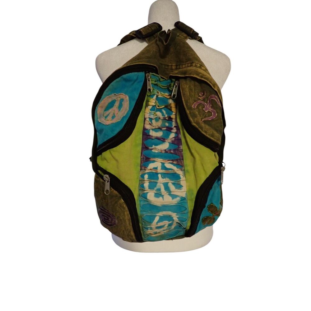 Boho Hippie Canvas Backpack Green Tie Dye Peace Om Flower Appliqued Nepal
